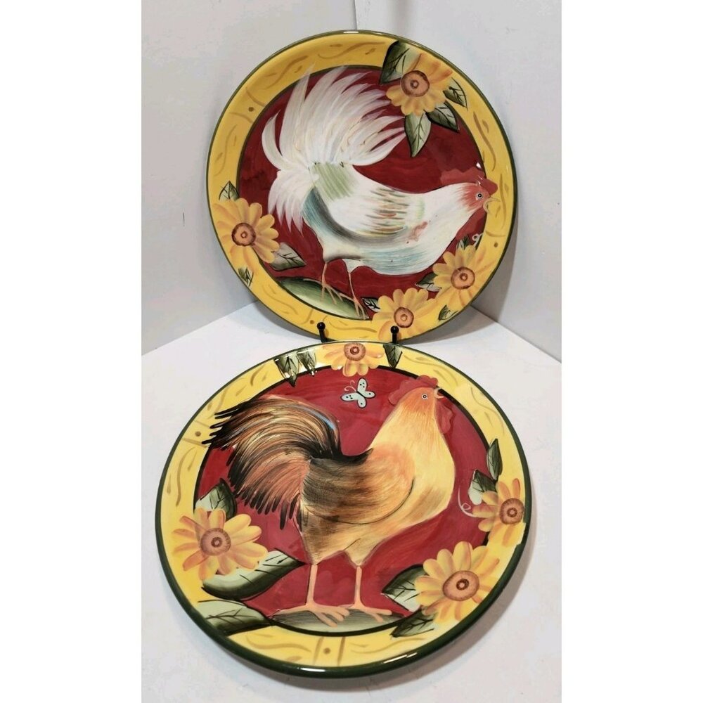 Susan Winget Rooster And Sunflower Yellow Rim 10.5"  Dinner Plates Set of 2
